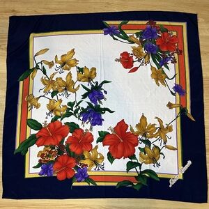 Large Square Scarf Aloha Hawaii Floral Hibiscus Vibrant Navy Red Yellow Purple